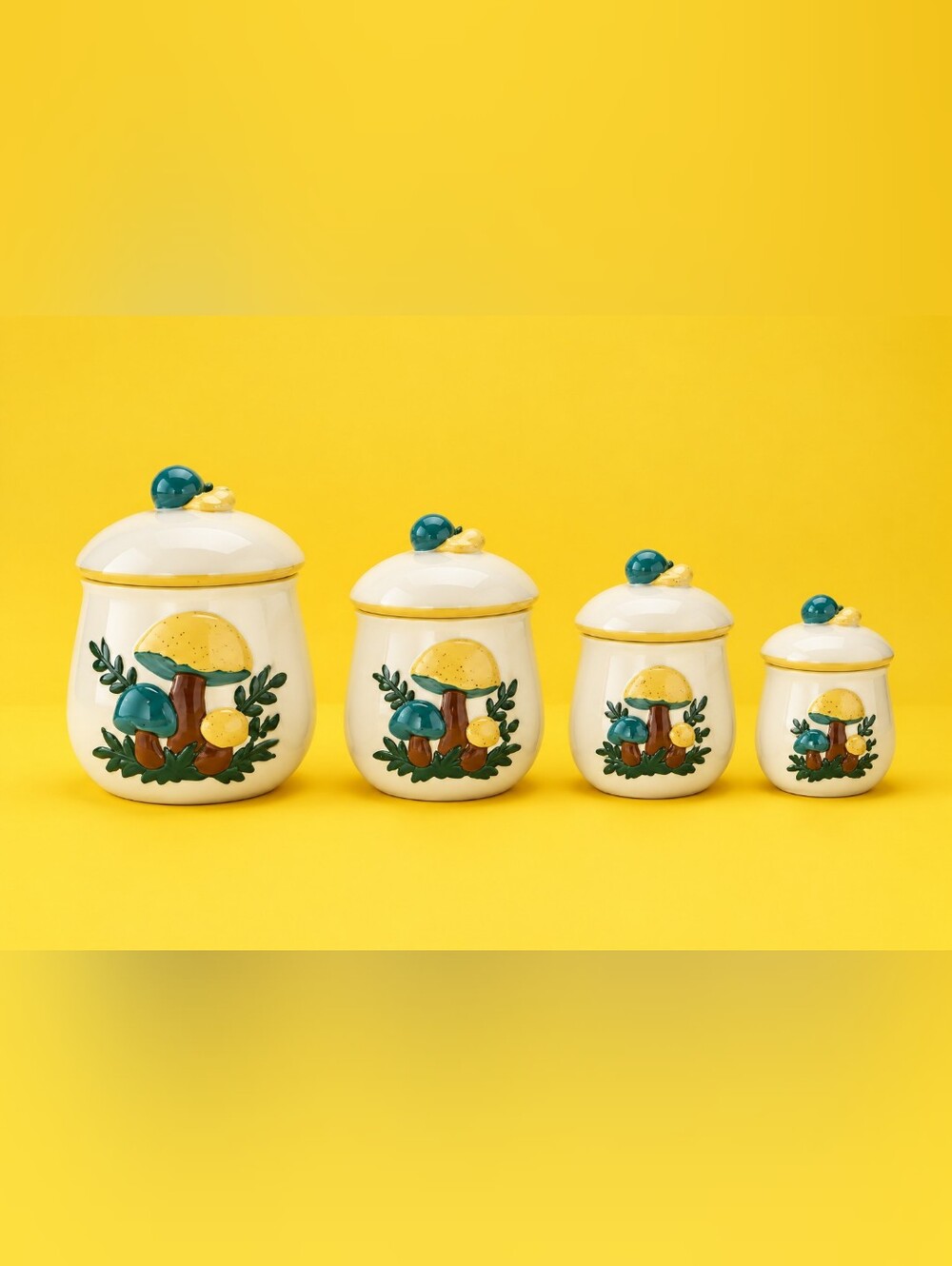 1970s Arnels Hand-Painted Mushroom Ceramic Canister Set Cottagecore